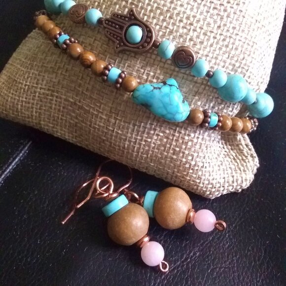 Jewelry Bundle #1: Tan, Copper, Aqua +Turquoise! 2 Slim Bracelets + Earrings - Picture 10 of 13